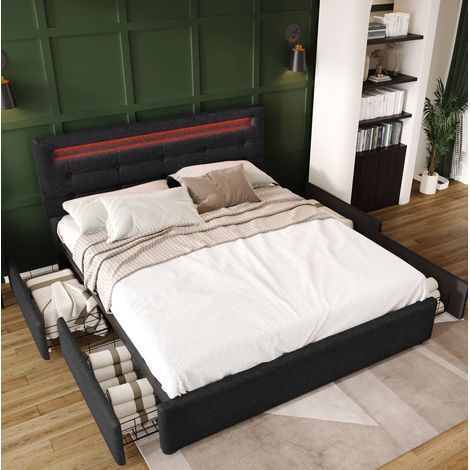Bett Doppelbett Stauraum 140x200 Leinen LED Schwarz OKMYHOME (1/5)