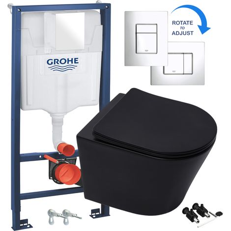 Matt Black Rimless ECO Wall Hung Toilet Pan, Seat & GROHE 38772001 Rapid 1.13m SL 3-in-1 WC Cistern Frame inc. Plate (1/5)