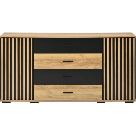 Credenza 140x35x70 cm in MDF con 4 cassetti 2 ante e ripiani regolabili rovere nero (1/5)