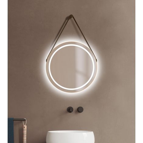 Miroir de Salle de Bain LED Rond en Or Mat Ø50 cm - Miroir Rond avec Sangle en Similicuir - adapté aux pièces humides grâce au Cadre en Aluminium (1/5)