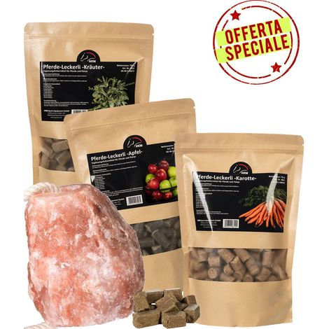 ANGEBOT 3 Päckchen Pferdekekse Apfel, Karotte, Kräuter je 750g più Hymalaia Salz 2 kg (1/5)
