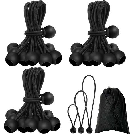 Elastische Bungee-Seile - 30 Stück - Verstärktes Gummi - Sichere Befestigung mit Kugel - Camping und Heimwerken - Schwarz (10/15/20 cm) (1/5)
