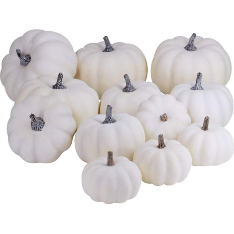 Package of 12 Pcs Assorted Sizes Autumn Artificial White Pumpkins Large Faux Harvest Pumpkins for Autumn Thanksgiving Halloween Seasonal Holiday Decor Decoration (1/5)