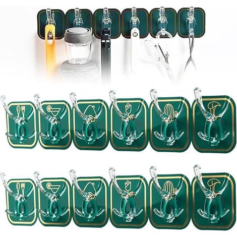 12 Pièces Crochet Adhesif Mural, 2 Set Crochet 6 Auto Adhésifs, Multi-usage Crochet, Attache Murale Sans Percer, Accrochage Sans Dommage, pour Bain, Cuisine, Mural, Porte (Vert)