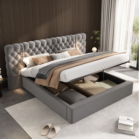 Cama tapizada 180/200 cm gris de terciopelo con almacenamiento hidráulico y cabecero con luz (1/5)