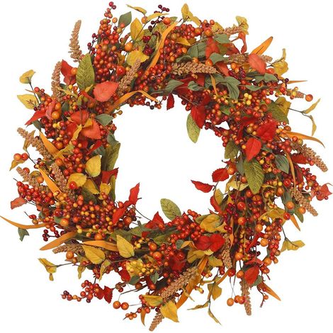 Couronne d'automne - couronne de récolte artificielle avec citrouilles, feuilles, physalis et baies - décoration d'automne pour porte d'entrée, mur ou fenêtre 4545cm