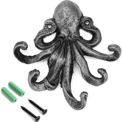 Dekorativer Oktopus-Wandhaken aus Gusseisen mit 5 Tentakeln – Rustikaler Handtuchhaken, Schlüsselhaken, Kleiderhaken, Handtuchhalter, Silber