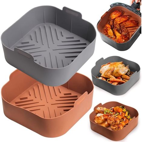 Revestimientos de silicona cuadrados para cesta de freidora de aire - 2 piezas de recipientes de silicona reutilizables para freidora de aire, accesorios de horno y freidora de aire apta para alimento (1/3)
