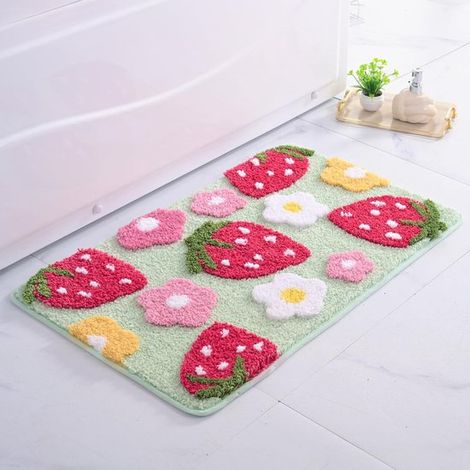 Tappeto da bagno verde con fragole, tappetino da bagno antiscivolo, lavabile, colorato, in morbida microfibra, tappetino per doccia, assorbente, 50 x 80 cm (1/5)