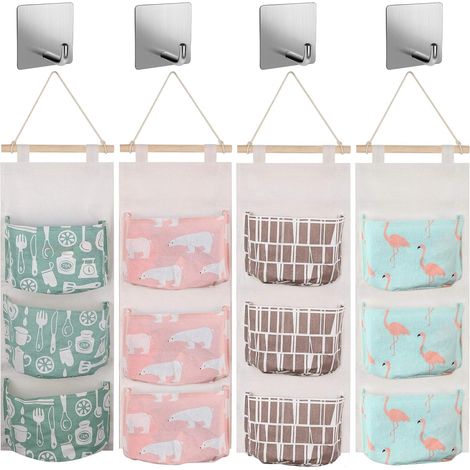 Rangement Mural, 4 Pcs Sac de Rangement Suspendu avec 3 Poches, 4 Crochets gratuits, angement Porte, Etagere Suspendue, Organisateur Suspendu, de Lin et Coton Imperméable-Fei Yu (1/5)