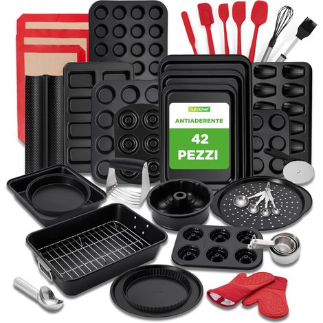 NutriChef Set Teglie Forno 42 Pezzi Antiaderenti in Acciaio al Carbonio, Teglie da Forno per Pizza, Pane, Dolci, Torta, Biscotti, Stampo Muffin e Stampo Plumcake (1/5)