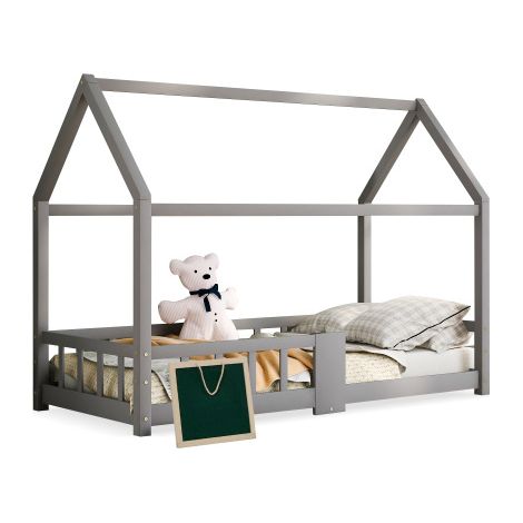 Lit cabane pour enfant 90 x 200 cm, lit en bois pour chambre d'enfant comprenant un tableau noir, un sommier à lattes et une barrière de sécurité, en pin gris (sans matelas) (1/5)
