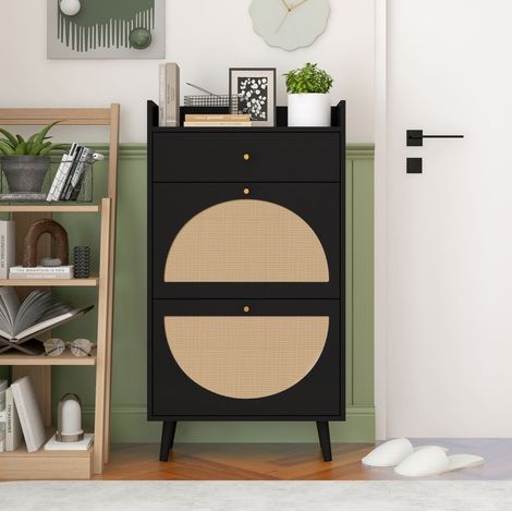 Schuhschrank 60 cm schwarz aus Holzwerkstoff mit Rattan-Optik und Wandverankerung (1/5)