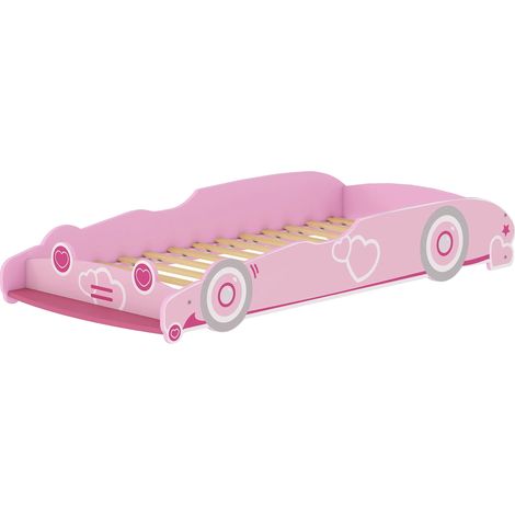 Lit d'enfants, Barrière anti-chute, Tête de lit en forme de voiture, Rose, 158X73.6X26 cm (1/2)