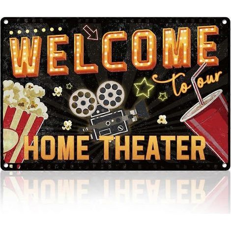 Decorazione da parete in stile cinema retrò, insegna in metallo 20 x 30 cm "Benvenuti nel nostro cinema in casa", poster vintage per casa e bar. (1/5)