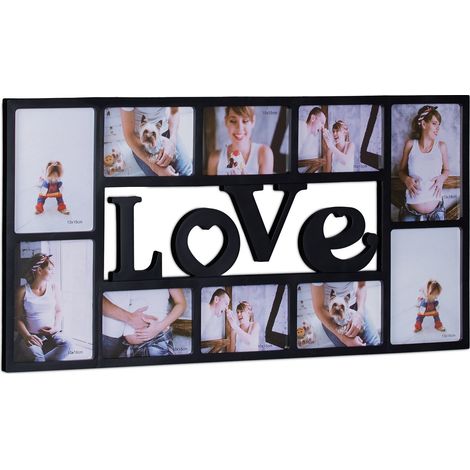 Relaxdays Marco de Fotos Múltiple Love para 10 Fotografías, Plástico, Negro, 36.5x72x2 cm
