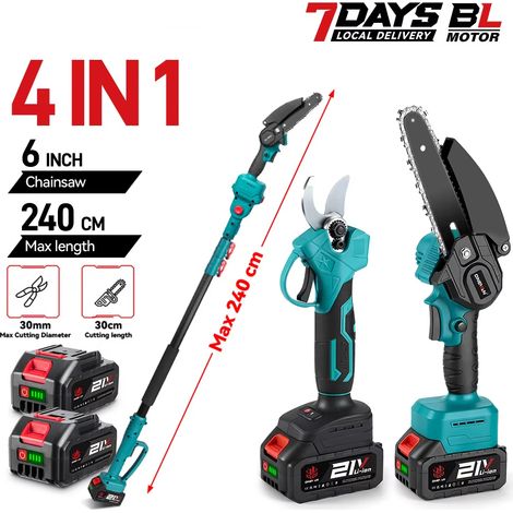 Scie et cisailles électriques sans balais 4 en 1, 6 pouces avec perche télescopique pour élagage des hautes branches, outil de jardin compatible batterie Makita avec 2 batteries