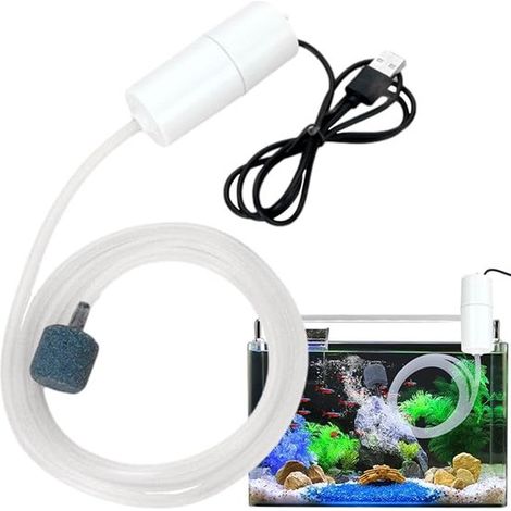 Pompe à air USB pour aquarium – 90 l/h – Avec diffuseur et tube silicone – Mini aérateur silencieux et économe – Idéal pour déplacement – Blanc (1/5)