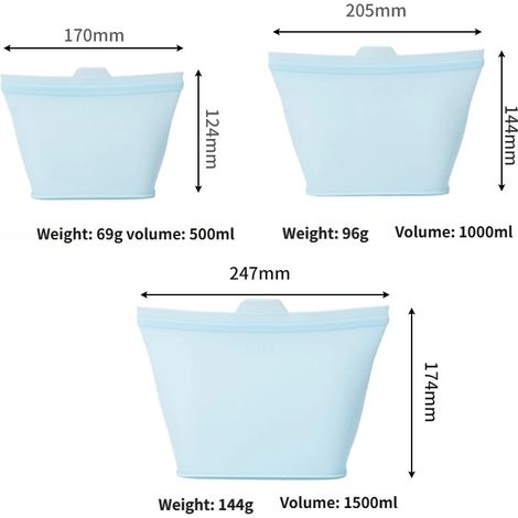 Sacs transparents réutilisables en silicone de haute qualité, lot de 3, pour la conservation des aliments, sacs à lunch, durables. (1/4)