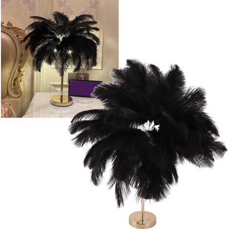 Lampe de table en plumes d'autruche - Lampe de table moderne et créative en plumes d'autruche - Lampe décorative romantique - Lampe de chevet nordique - Noire (1/5)