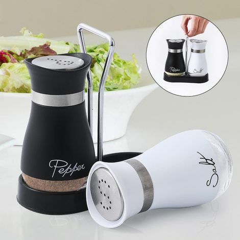 Ensemble de salière et poivrière en acier inoxydable avec bouteille en verre, idéal pour la table, le camping-car, le camping et les barbecues. Lot de 2, noir et blanc. (1/5)