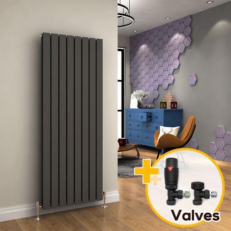 ELEGANT Vertical Designer Radiator Anthracite Double Flat Panel Column Tall Upright Central Heating Radiators (1600x608mm Double) + Anthracite Thermostatic Radiator Valves (1/5)
