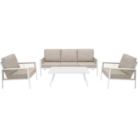 Set da Giardino 4 Pezzi in Alluminio Bianco con Divano 3 Posti, 2 Poltrone, Tavolino, Cuscini Imbottiti Sfoderabili, Copertura Antipioggia Inclusa, Resistente agli Agenti Atmosferici (1/5)