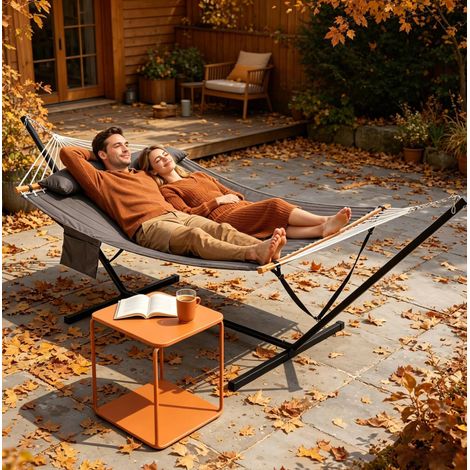 Hamac double 360/105/105 cm gris foncé en métal avec cadre autoportant (1/5)