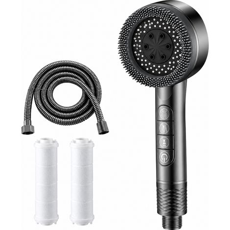 Pommeau de douche à main gris haute pression à quatre jets avec système de filtration, flexible de 2 mètres et 2 cartouches filtrantes inclus