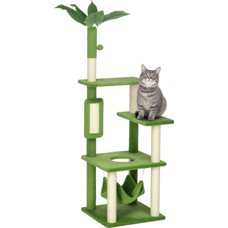 Katzenkratzbaum mit Hängematte, Ball und Sisal-Kratzstämmen, 49 x 49 x 142 cm, Grün