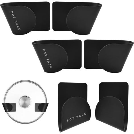 Lot de 6 supports adhésifs noirs pour couvercles de casseroles et d'assiettes, à fixer au mur. (1/5)