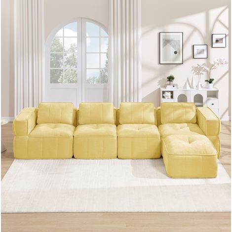 Sofá esquinero modular de 4 plazas en L, sin marco, con puf, poliéster amarillo DESVIAE (1/5)