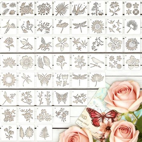 Lot de 50 pochoirs floraux réutilisables en plastique, 10 cm, avec motifs papillons et oiseaux, pour peinture et loisirs créatifs (1/5)
