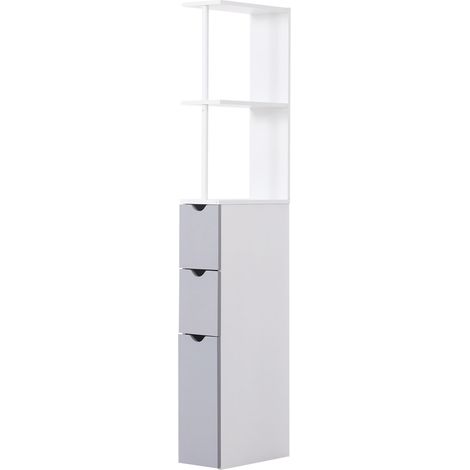 Columna auxiliar de baño moderno armario de baño mueble auxiliar de baño con 2 estantes 2 cajones y 1 puerta antivuelco 15x33x136,5 cm blanco (1/8)