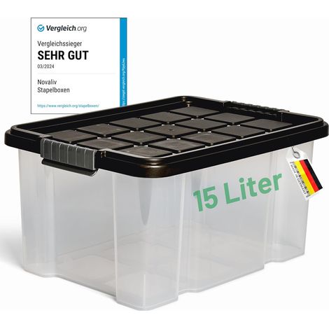 Boîte de rangement Novaliv avec couvercle 15L anthracite Boîte en plastique empilable emboîtable avec fermeture à clip Boîte en plastique Eurobox