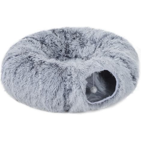 Tunnel pour chat d'intérieur avec coussin rond en forme de donut, lit lavable, 90x80x27 cm, couleur gris clair (1/5)