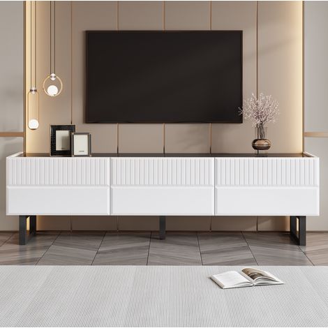Mobile TV 170x35x47 cm, design minimalista, ampio spazio contenitivo, gambe in ferro, MDF e pannello truciolare, nero e bianco (1/5)