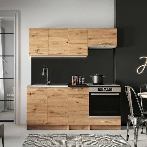 Cucina completa Teano, Set compatto e funzionale con ante e cassetto, Rovere Nodi