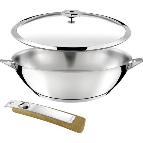 Eclipse - Set 1 wok 28cm inox avec couvercle, 1 poignée amovible effet bois (1/5)