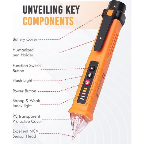 Spannungsprüfer, NCV-Spannungsdetektor, einstellbare Empfindlichkeit 12 V–1000 V, berührungsloser elektrischer Detektor mit LED-Lampe, elektrischer Kabeltester, Aktiv-/Neutralleiter-Erkennung
