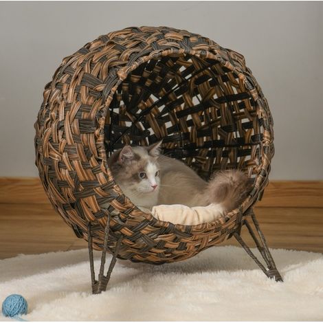 Panier pour chat en résine tressée avec coussin en velours, structure métal stable et pieds surélevés, niche confortable pour salon et chambre, brun - CHICFURN (1/5)
