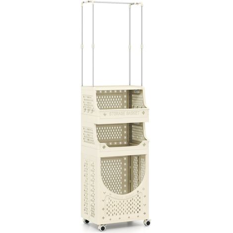 Carrello portabiancheria 40 x 30 x 158 cm con 2 cestini e 8 ganci design moderno beige PP 200019096