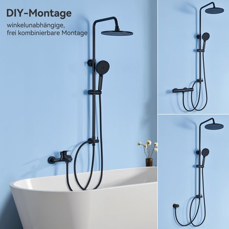 Schwarz Duschset Runde Duschsäule Duschsystem ohne Armatur, Regendusche mit Kopfbrause und 4 Strahlarten Handbrause, 74