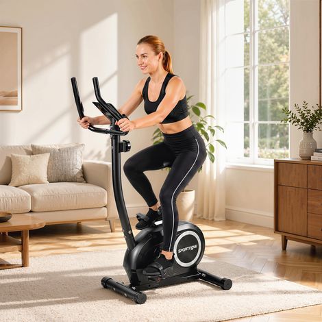 Vélo d'appartement réglable en hauteur, avec résistance magnétique connectée à une application, écran LCD, capteurs de pouls et support de téléphone portable (1/5)