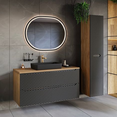 Conjunto de muebles con lavabo individual 120cm 2 cajones y columna Elora Negro y madera (1/5)