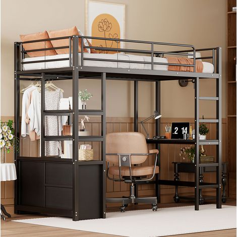 Lit mezzanine 90/200 cm noir en métal avec bureau, prises et rangements (1/5)