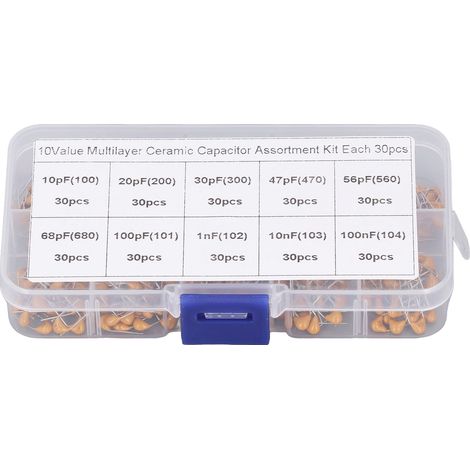 Sortimentssatz mit 300 monolithischen Keramikkondensatoren zur Kapazitätsstabilisierung, von 10 pF bis 100 nF. (1/5)