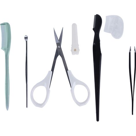Kit de soin des sourcils 5 pièces : pince à épiler inox, ciseaux de sécurité, rasoir de sourcils et ciseaux à tête droite. (1/5)