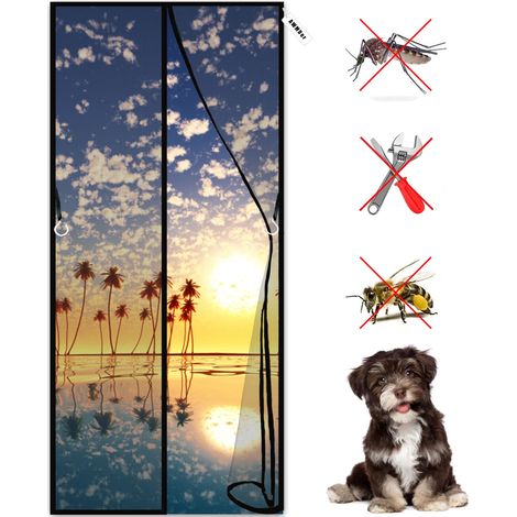 Moustiquaire de Porte Magnétique,140x220cm Fermeture Automatique Rideau Mailles Ultra Fines Anti insectes Mouche Moustique,Aimants Puissants,Noir (1/5)