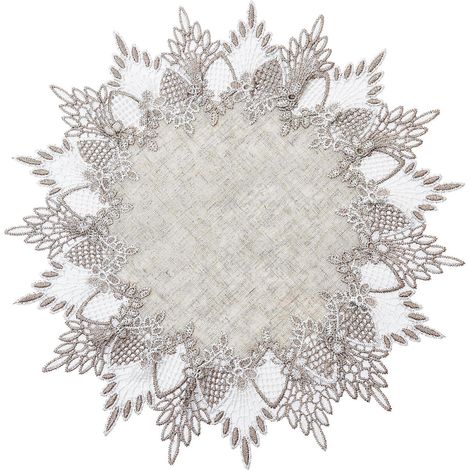 Napperon rond en lin beige de 38 cm (15 pouces) avec dentelle, orné de broderies élégantes, idéal pour une table basse. (1/5)